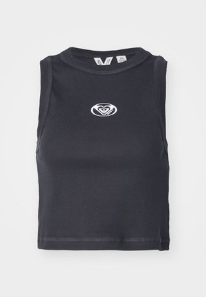 Black ribbed crop top with a round neckline and sleeveless design. Features a white logo centered on the chest. Smooth texture.