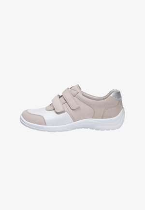 Light grey and white sneakers with a textured white panel, dual Velcro straps, and a silver accent at the heel. Rubber sole with a rounded shape.