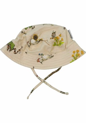 Bucket hat made of light fabric, featuring a beige background with colorful animal and floral patterns. Includes adjustable ties.