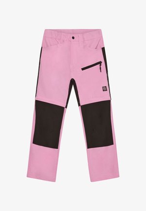 Pantaloni rosa con dettagli neri, dotati di tasca con cerniera e rinforzi sulle ginocchia. Realizzati in tessuto resistente con una finitura leggermente strutturata.