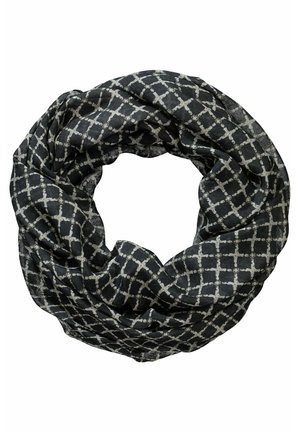 Écharpe infinity noire et grise avec un motif répétitif de croix et de points, disposée en boucle sur un fond blanc.