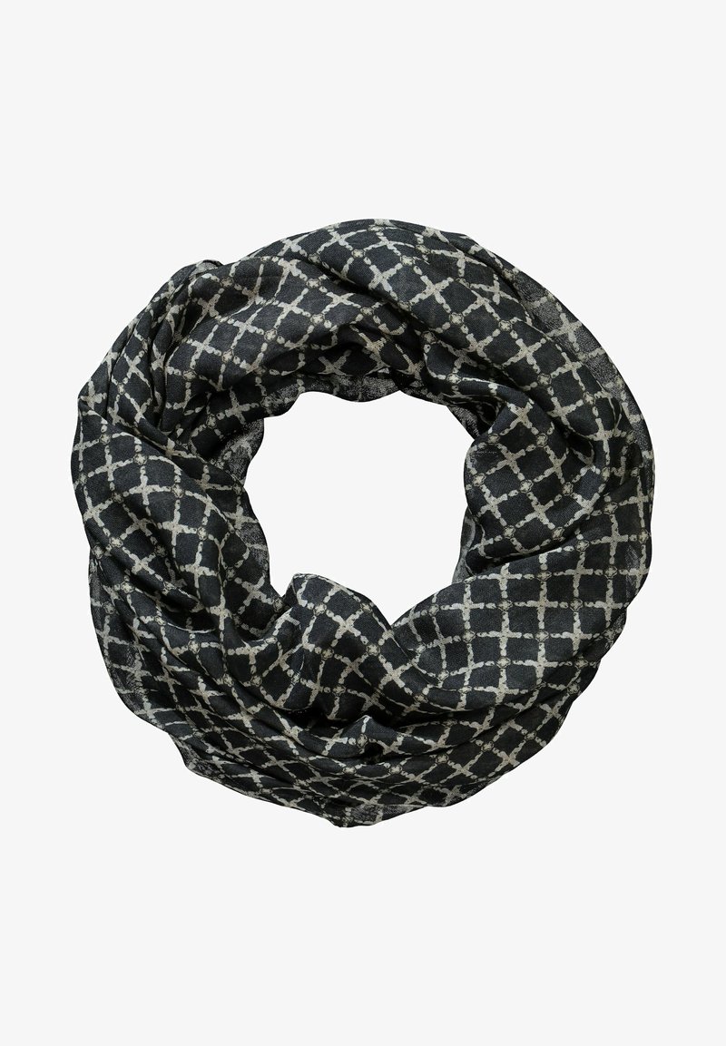Écharpe infinity noire et grise avec un motif répétitif de croix et de points, disposée en boucle sur un fond blanc.