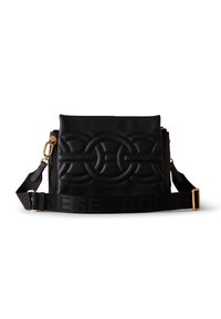 Black crossbody bag with embossed circular pattern, adjustable strap featuring subtle brand text, and gold-tone hardware accents.