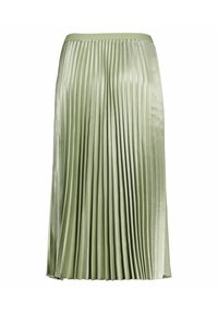 Gonna midi plissettata in satin verde chiaro, con una vita liscia e un design fluido caratterizzato da una texture lucida.