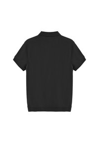 Svart kortärmad polo med krage, tillverkad av ett slätt tyg i en enhetlig färg, med en ren och minimalistisk design.