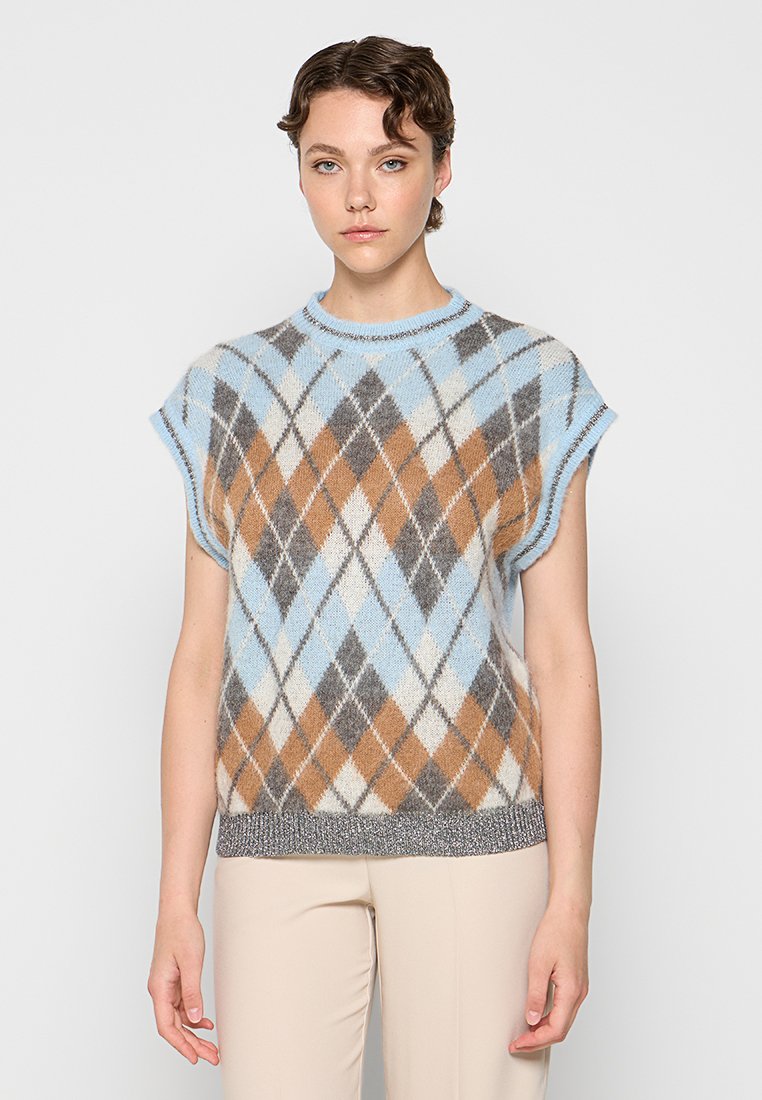 Maglione senza maniche con motivo argyle in azzurro chiaro, marrone e grigio, con bordi a coste. Tessuto morbido, vestibilità comoda e scollatura rotonda.