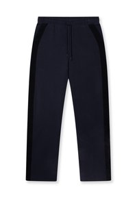 Marineblauwe sweatpants met een trekkoord in de taille, zwarte zijkanten, taps toelopende pijpen en een zachte katoenmix. Voorzien van een discreet logo.