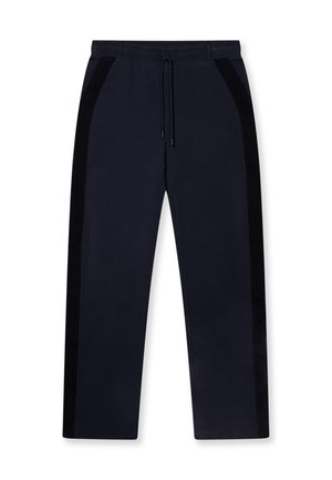 Pantaloni della tuta blu navy con vita regolabile, pannelli laterali neri, gambe affusolate e una morbida miscela di cotone. Presenta un logo discreto.