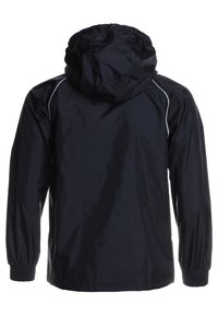 Black waterproof jacket with a hood, elastic cuffs, and white accent lines along the shoulders and sides. Smooth texture, lightweight design.