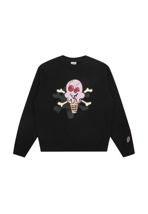 Zwarte trui met lange mouwen met een cartoon-ijsje met een roze bolletje, glimlachend gezicht, gekruiste botten en kersen als ogen op de borst.