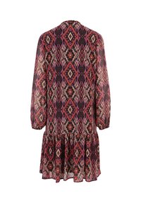 Printed dress features a black, pink, and cream geometric pattern, long sleeves, and a flared hem. Made from a lightweight, sheer fabric.