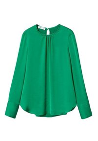 Grüne langärmlige Bluse mit Rundhalsausschnitt, geplisster Frontdetail und einem leicht abgerundeten Saum. Aus glattem, fließendem Stoff gefertigt.