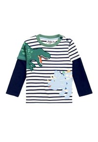 Pitkähihaisen puuvillapaidan vihreällä ja tummansinisellä raidoitettuna. Varustettu dinosaurustikkauksilla: vihreä T-rex ja sininen triceratops.