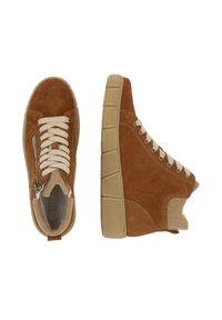 Brown suede high-top sneakers with beige laces, rubber sole, and side zipper detail. Textured finish with padded collar for comfort.