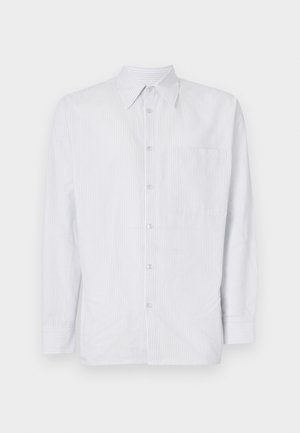 Striped button-up shirt made of lightweight fabric, featuring a chest pocket, long sleeves, and a collared neck in light blue and white tones.