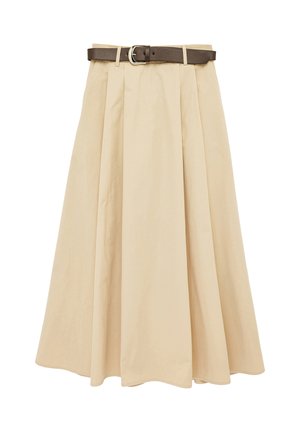 Beige A-line midi nederdel med plisseringer og mørkebrun bælte med sølvspænde i taljen.