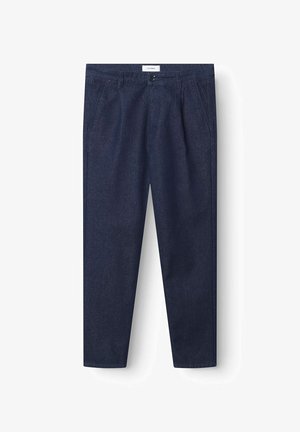 Granatowe dżinsy o prostym kroju, z przednimi kieszeniami, z zapięciem na guzik i gładką fakturą.