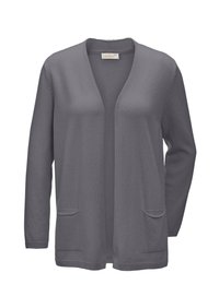 Grijze open voorzijde cardigan met lange mouwen, twee voorzakken en een zachte textuur. Minimalistisch ontwerp met een ontspannen pasvorm.