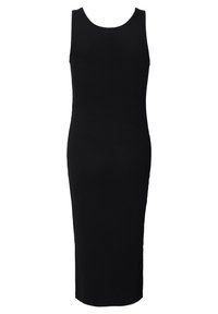 Schwarzes ärmelloses Midikleid aus dehnbarem Stoff, mit rundem Ausschnitt und figurbetonter Silhouette. Keine sichtbaren Muster oder Hardware.