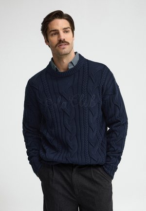 Hombre con bigote que lleva un jersey azul marino de punto trenzado sobre una camisa azul con botones y pantalones oscuros, manos en los bolsillos, mirando ligeramente hacia la izquierda.