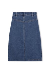 Jupe en denim bleu foncé avec une coupe droite, dotée d'une taille mi-haute et de détails de carrure à l'arrière. Texture lisse, design arrivant au genou.