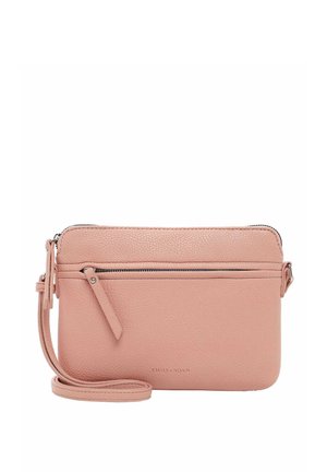 Borsa a tracolla in pelle rosa con finitura testurizzata, chiusura con zip, tasca frontale e tracolla regolabile. Logo impresso sul fronte.