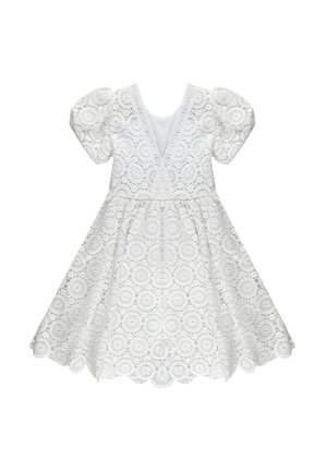 Vestito in pizzo bianco con maniche corte a sbuffo, scollo a V profondo, vita aderente, gonna svasata e motivi di ricami floreali circolari.