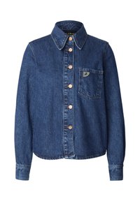 Koszula z denimu z kołnierzykiem, zapinana na guziki z przodu, z długimi rękawami, pojedynczą kieszenią na piersi oraz w ciemnoniebieskim kolorze z miedzianymi guzikami i przeszyciami.
