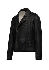 Giacca da motociclista in pelle nera con zip asimmetrica sul davanti, numerose tasche con zip e colletto classico. Texture liscia e hardware minimal.