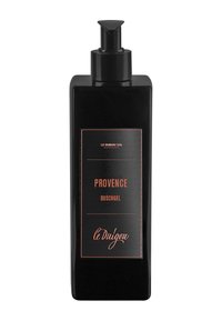 Schwarze rechteckige Flasche mit einem Pumpenspender; beschriftet mit „Provence Duschgel“ in goldener Schrift. Glatte Textur, minimalistisches Design.