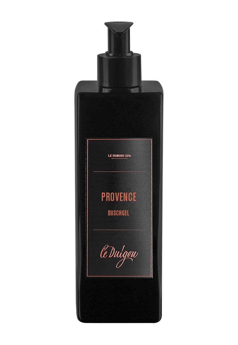 Schwarze rechteckige Flasche mit einem Pumpenspender; beschriftet mit „Provence Duschgel“ in goldener Schrift. Glatte Textur, minimalistisches Design.
