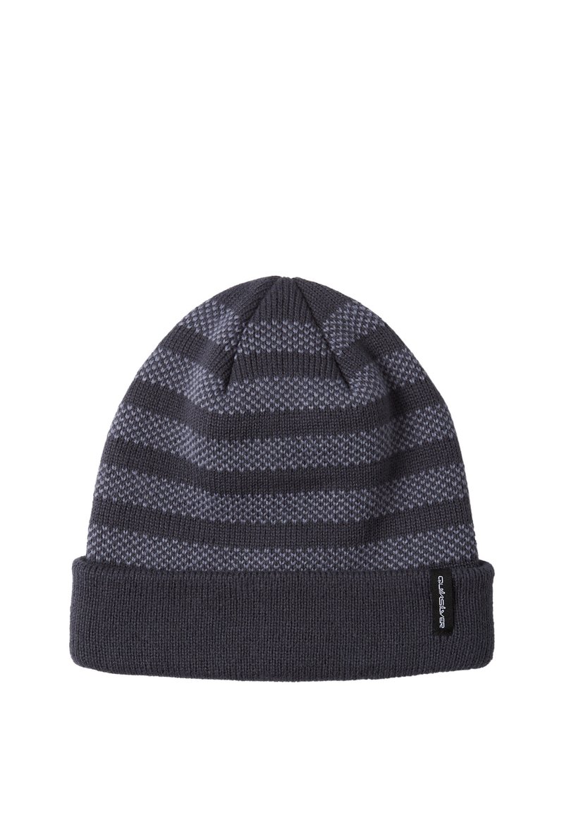 Gebreide beanie in donkergrijs met lichtgrijze strepen, met een omgeslagen boord en een klein logotag aan de zijkant. Zachte textuur en een snug fit.