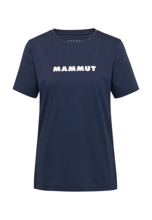 Marineblaues T-Shirt mit kurzen Ärmeln und Rundhalsausschnitt, mit weißem "MAMMUT"-Logo mittig auf der Brust.