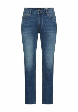 Blue slim-fit jeans with mild fading on thighs and knees, front pockets, belt loops, and button closure at the waist.