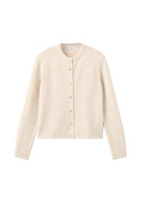 Cárdigan de color beige claro con cuello redondo, mangas largas y botones en la parte delantera. Está hecho de un material suave con un acabado ligeramente texturizado.