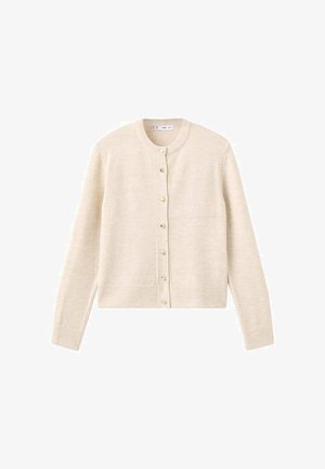Light beige cardigan with a round neck, long sleeves, and front buttons. Made from soft material with a slightly textured finish.