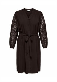 Czarna sukienka z zapięciem na guziki z przodu, usztywnionym materiałem i długimi koronkowymi rękawami. Posiada pasek w talii i luźny fason.