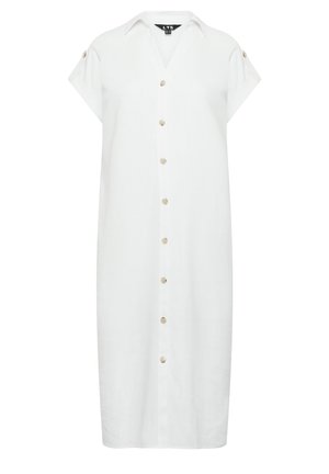 Witte midi-jurk met korte mouwen, kraag, knoopsluiting aan de voorkant en knoopdetails op de mouwen, gemaakt van lichte stof.