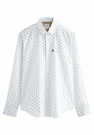 White long-sleeve button-up shirt with small blue flamingo pattern and a chest pocket, labeled "Next Tailoring."