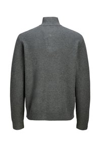 Gray knitted sweater with a high collar, featuring a ribbed texture and long sleeves. The back is plain with no additional decorations.