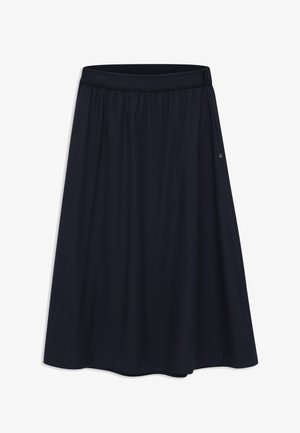 Schwarzer A-Linien-Midirock mit elastischem Bund, glattem Stoff und leicht ausgestellt am Saum.