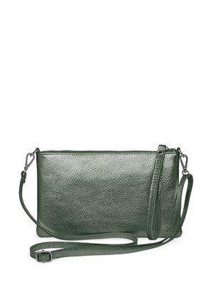 Grüne Leder-Umhängetasche mit strukturiertem Finish, Reißverschluss und verstellbarem Tragegurt. Verfügt über metallische Hardware und ein schlankes Design.