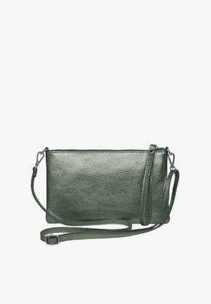 Grüne Leder-Umhängetasche mit strukturiertem Finish, Reißverschluss und verstellbarem Tragegurt. Verfügt über metallische Hardware und ein schlankes Design.