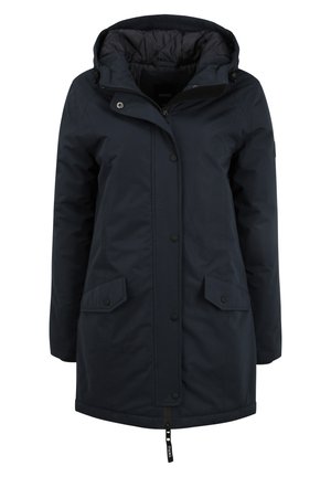 Mörkblå isolerad parka med huva, med tryckknappsstängningar, två framfickor och en zippered nederkant.