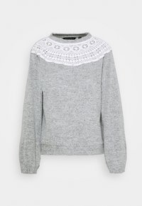 Šedá mikina s texturá tou tkaninou, kulatým výstřihem a bílým krajkovým zdobením podél ramen. Dlouhé rukávy s přiléhavými manžetami.