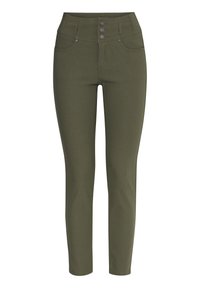 Olíva zöld, skinny farmernadrág magas derékkal, három elülső gombbal és két elülső zsebbel. Sima anyag, enyhe rugalmassággal.