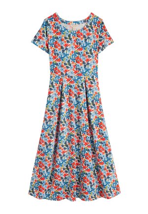 Abito floreale con maniche corte, con uno sfondo blu e fiori vivaci rossi, blu e verdi. Forma ad A con cucitura in vita.