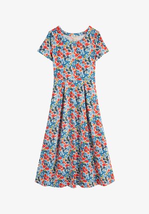 Abito floreale con maniche corte, con uno sfondo blu e fiori vivaci rossi, blu e verdi. Forma ad A con cucitura in vita.