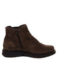 Dunkelbraune Wildleder-Ankle Boots mit einem seitlichen Reißverschluss und einer strukturierten schwarzen Gummisohle. Mit abgerundetem Zehenbereich und schlanker Silhouette.