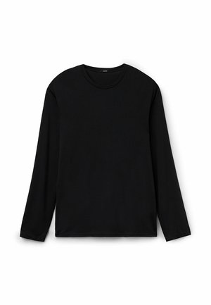 Zwarte longsleeve t-shirt van gladde, lichte stof. Heeft een ronde hals en rechte zoom, zonder patronen of versieringen.